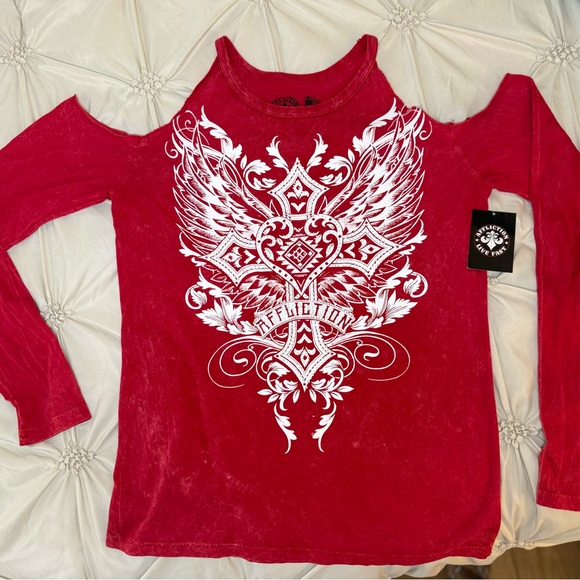 NWT - Affliction Majestic Cross T-Shirt w Rhinestones 
Cold Shoulder Grunge Top - Picture 1 of 17